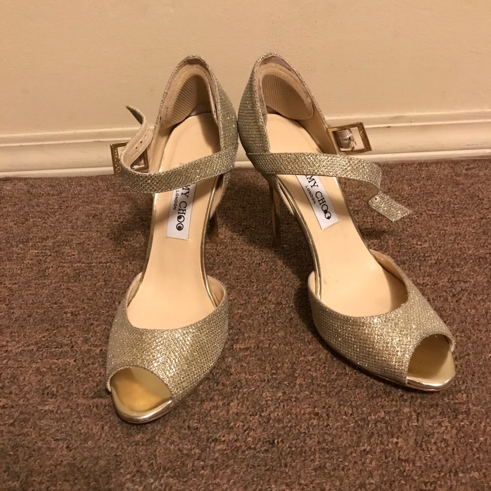 NWT Jimmy Choo gold glitter open toe heels - Picture 5 of 10